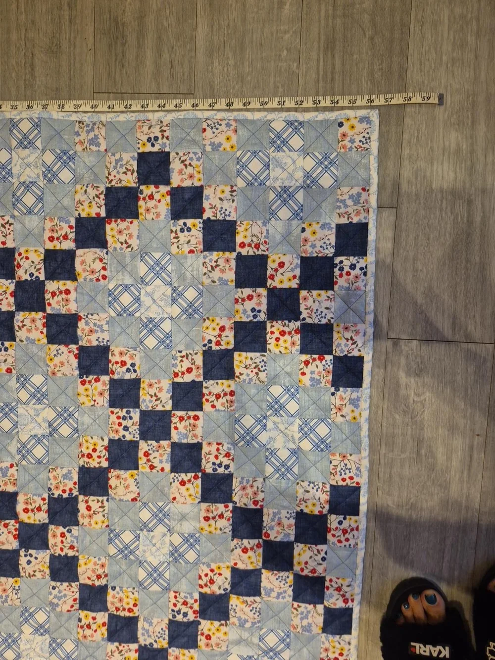 New Handmade Patchwork Floral Throw Quilt Blue Cottagecore 56.5” x 70”